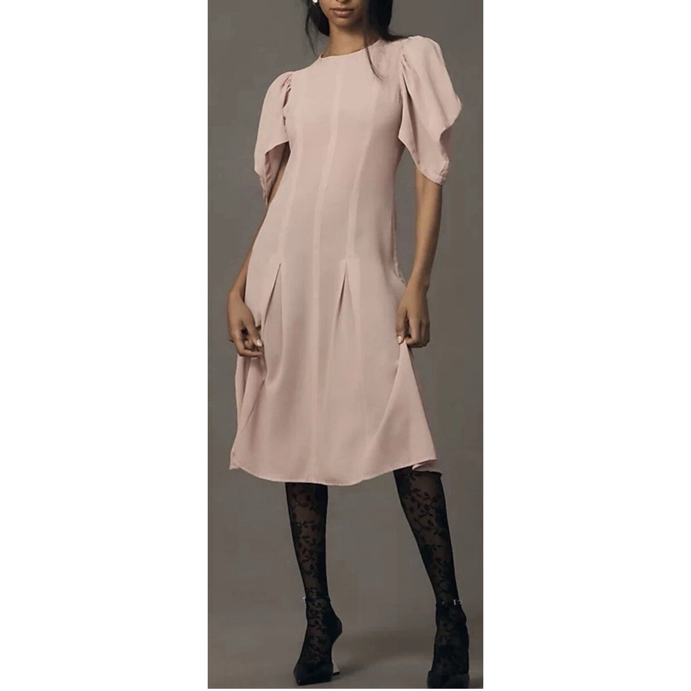 Anthropologie Ballet Pink Modern Sheer Midi‎ Dress Puff Sleeve Whimsical Fairy 8